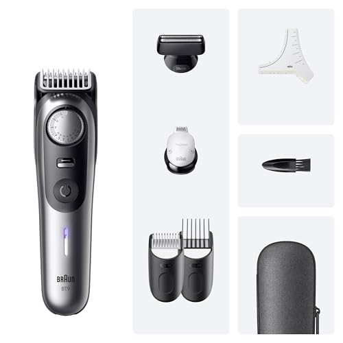 Braun Tondeuse À Barbe Series 9, + 7 Outils De Barbier, Mode PowerBoost, Lame ProBlade, 180 Min D'autonomie, Dégradé, 50 Longueurs, Molette De Précision Et Verrouillage, Étanche, BT9520, Chrome