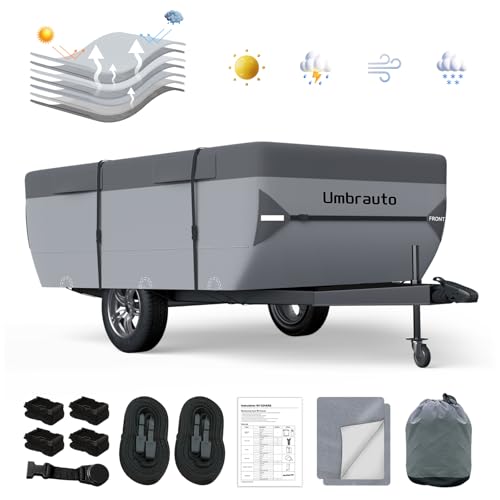 Umbrauto Pop Up Folding Camper Cover Fits 10‘-12’, Upgraded 7 Layers Top Tent Trailer Cover Waterproof Extra Thick Polypropylene Breathable Ripstop Pop Up Folding Trailer Cover