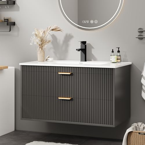 Vabches 30 Inch Bathroom Vanity with Sink, Wood Grain Wall Mounted Vanity with 2 Storage Darwers, Floating Bathroom Vanity with Storage, Bathroom Floating Vanity with Sink, Faucet, Black