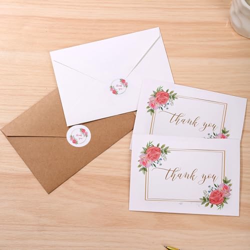 Conjunto de cartões de agradecimento e desejos de flores dobráveis de 25 psc, envelopes Kraft branco