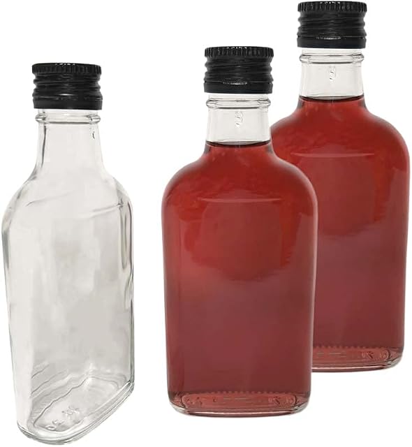 10 x Flask Glass Bottles 200 ml (0.2L) & Metal Screw Caps (Twist on Lids) - Home Brewing Gin Oil Vinegar Wine Vodka - DIAH (Black Screw Caps)