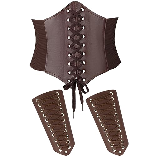 SATINIOR 3 Pieces Women Renaissance Corset Belts with Leather Gauntlets Stretch Elastic Belt for Halloween Women Costume