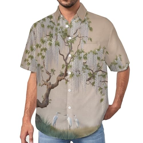 Chemise de loisirs vacances à imprimé héron japonais pour look de plage masculin
