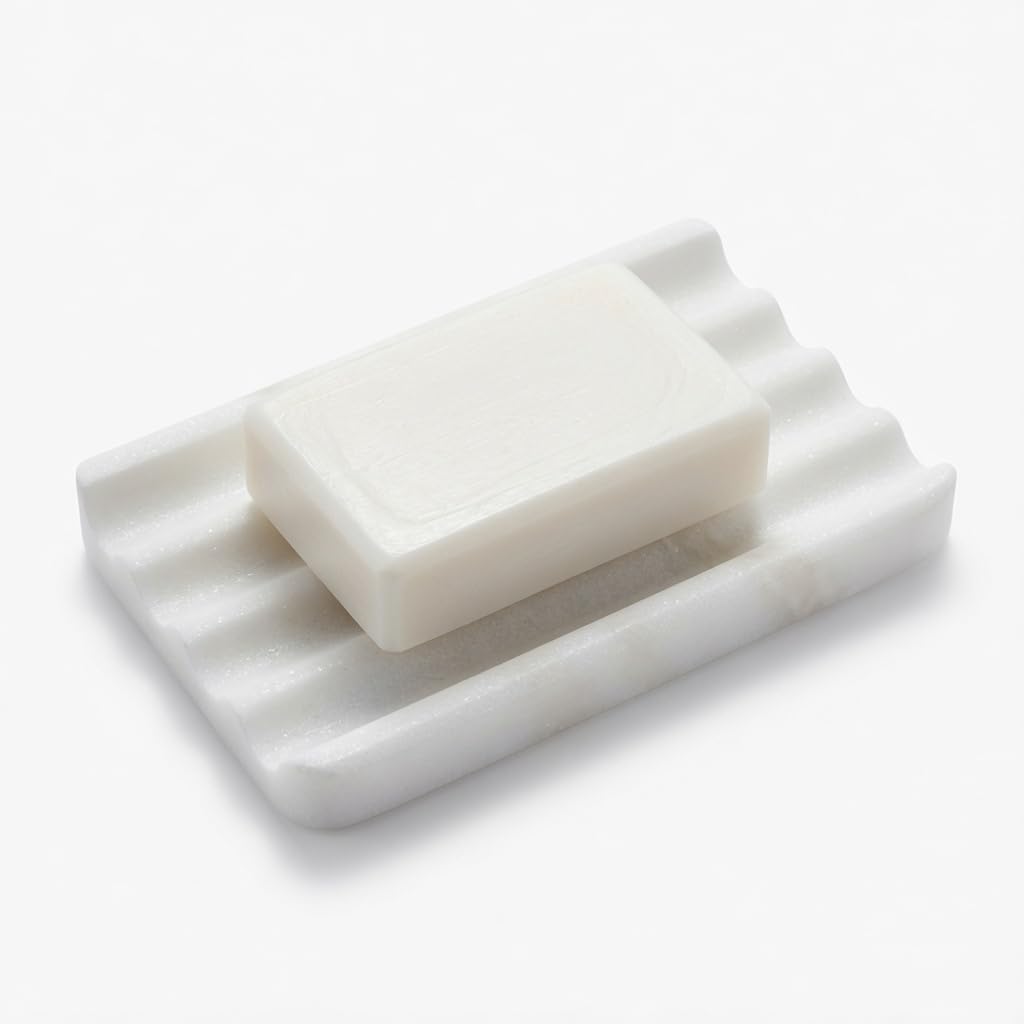 Porte Savon en Marbre, Support Savon Salle de Bain, 14x9x2cm, Blanc | 100% Marbre Naturel, Porte-savon ondulé avec trou de drainage, Socle équipé de quatre patins antidérapants