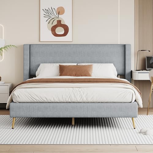 Klwenas Maec Queen Size Velvet Bed Frame/Vertical Channel Tufted Wingback Headboard/Upholstered Platform Bed/Strong Wooden Slats & Metal Support/No Box Spring Needed/Easy Assembly (Gray, Queen)