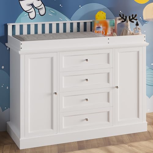 Timechee 47.2“ Baby Dresser with Changing Table Top, White Nursery Dresser with 4 Storage Drawers and 2 Doors, Multi-Functional Baby Changing Table, Modern Diaper Station Dressers for Nursery, Bedroom
