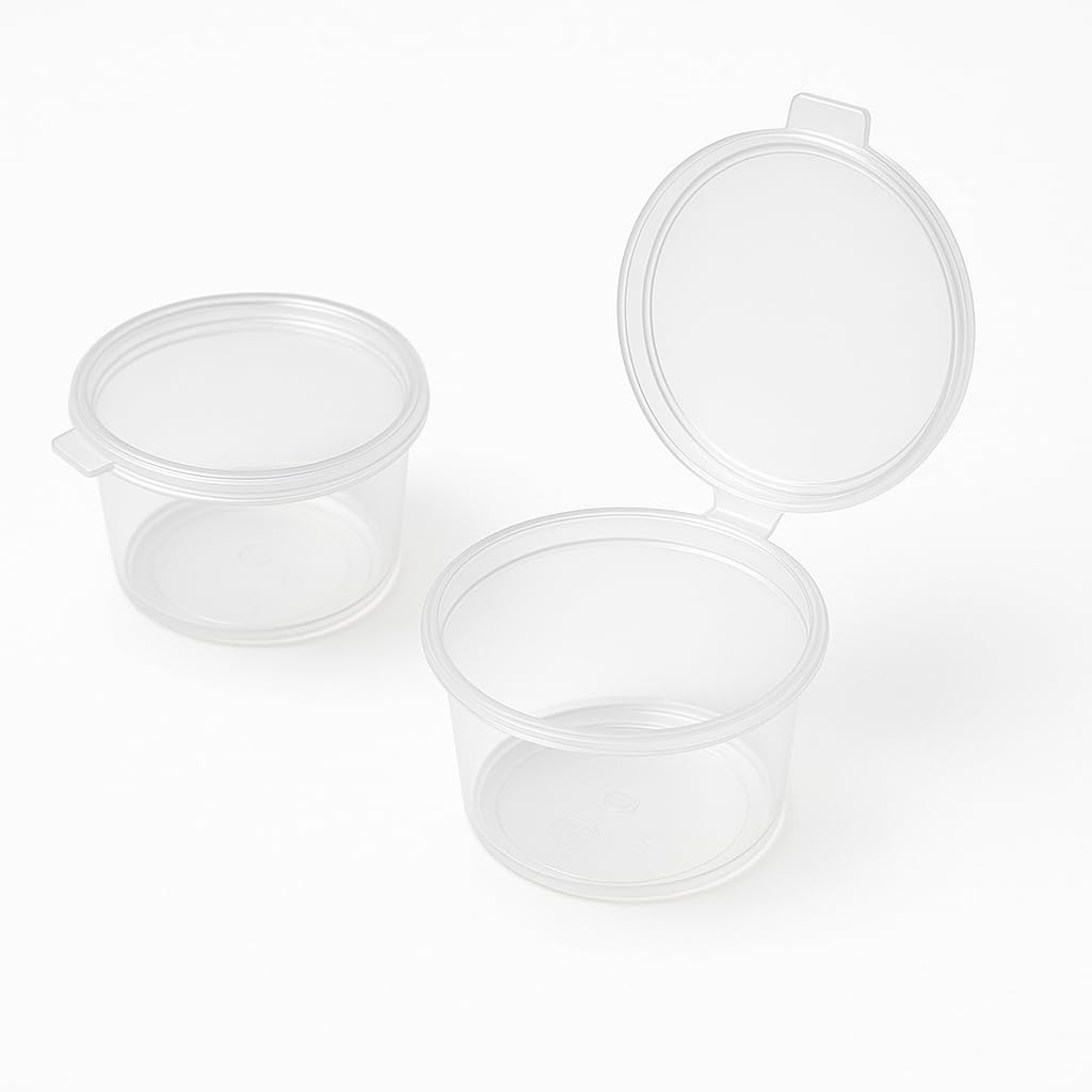 gaja's 50ml plastic cup with attached lid | small size plastic container for food storage| pack of 50 |dishwasher safe