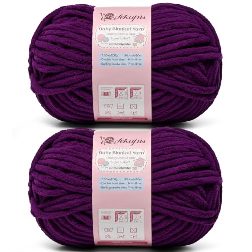 Image of 2 Pack Violet 14.1 oz /196.8 yds Chunky Chenille Yarn for Crocheting, #7 Super Bulky Baby Blanket Yarn for Crocheting Soft, Fluffy Velvet Yarn for Knitting, Amigurumi Crochet Yarn for Crafts