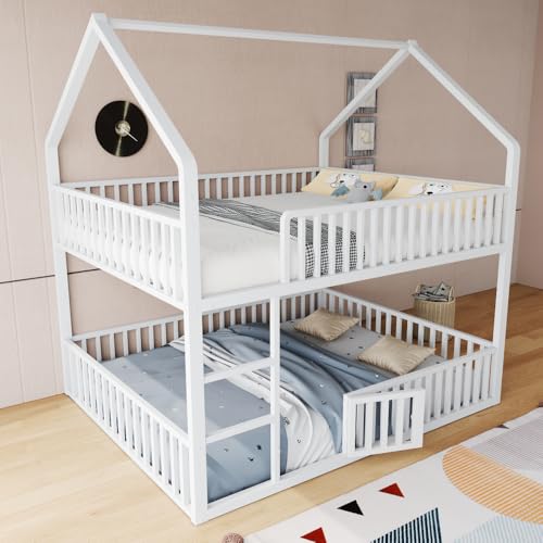 Litera infantil 140x200 de metal,cama entrepiso de 2 plazas, cama cabaña niños 140x200 con barrera de seguridad, diseño entrepiso cama infantil con barrera, inferior con puerta pequeña, blanco