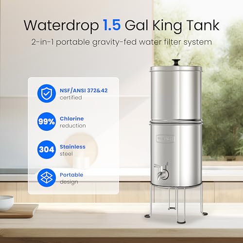 Image of Waterdrop TK15-A-S Gravity Water Filtration System, NSF /ANSI 42&372 Certified Black Carbon Filters, Reduce Lead and Up to 98% Chlorine, with Stainless Steel Stand for Home, Travel, Emergencies, 1.5G