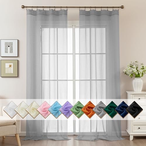 Image of Grey Sheer Curtains 96 Inches Long, Privacy Semi Sheer Curtains for Living Room Bedroom, Light Filtering Rod Pocket Voile Window Drapes 2 Panels Set, Each 42 inch W x 96 inch L