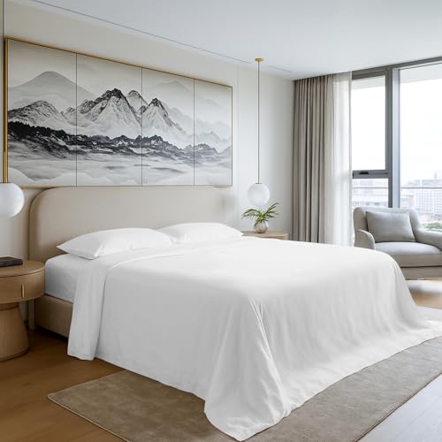 Pizuna Sabana encimera Cama 210 Algodon Blanco,Tejido Satinado de Lujo 100% algodón de Fibra Larga de 400 Hilos Sabana encimera Cama 210 cm (Lámina Plana Blanco - 1 Pieza)
