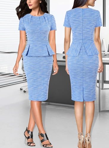 VFSHOW Womens Pleated Crew Neck Peplum Work Business Office Church Bodycon Pencil Sheath Dress2