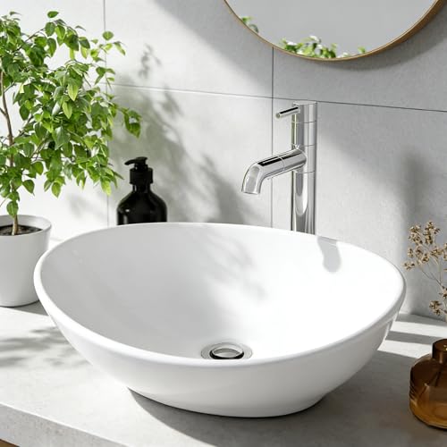 NUESTRA VIDA Lavabo Sobre Encimera de Cerámica en Blanco Brillante, Lavabo Ovalado de Baño 41 × 33 × 14cm, Lavamanos Aseo Cuarto de Baño