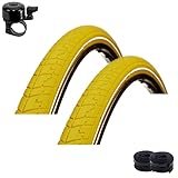 PSI 75 (5,0 bar) DSI Reflex Lot de 2 pneus de vélo Jaune 40-635 (28 x 1 1/2) + 2 chambres à air DV avec sonnette de vélo