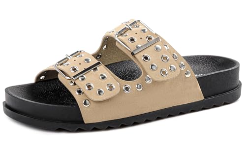 Image of Platform Sandals Women,Womens Sandals-Studded Silde Sandals-Double Buckle Adjustable-Beach Sandals for Women-Flat Sandals Summer Vacation