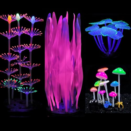 Image of Lpraer 4 Pack Glow Aquarium Decorations Branch Coral Reef Mushroom Seaweed Simulation Glow Plant Glowing Effect Silicone for Fish Tank Decorations