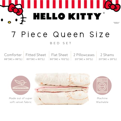 Image of Lux Hello Kitty Velvet Bedding 7 Piece Super Soft Cozy Reversible Comforter and Sheet Set with Sham & Tote Bag, Queen, (Officially Licensed Product) By Franco