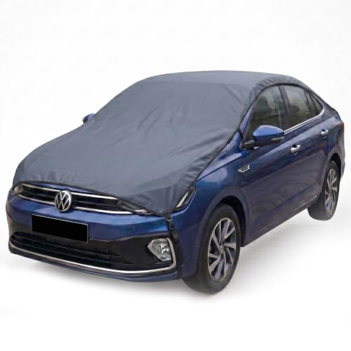 Image of Pivalo Half Car Body Cover for Sedan Cars (All Models & Years) | 100% Waterproof Outdoor UV & Heat All Weather Protection | Triple Stitched 3 Layer with Adjustable Straps Cover (Grey)