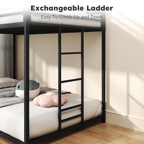 Twin Over Twin Bunk Bed, Metal Low Profile Bunkbeds with Full-Length Guardrail and Ladder, Space Saving, No Boxing Spring Needed, Black - Image 6