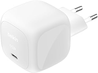 Belkin Caricatore USB-C da 65 W, Ricarica rapida, Caricatore da muro USB-C per telefono, funziona con iPhone 16-15-14-13, Galaxy S25, Google Pixel 9, MacBook, iPad, AirPods, Chromebook ecc - Bianco