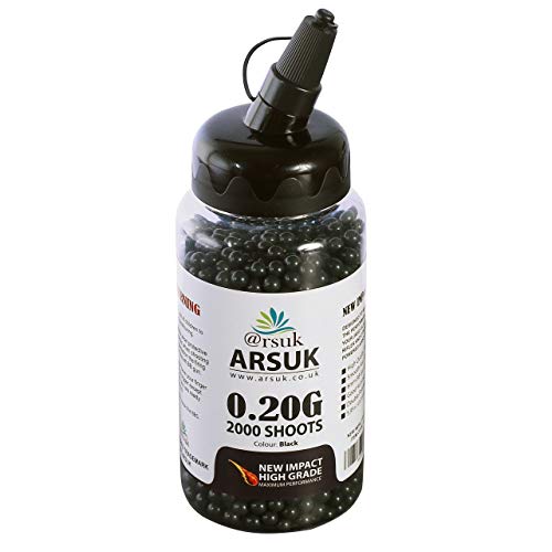 ARSUK Balines de Airsoft, Munición Bolas de Paintball 6mm, 0.20g de Alto Grado Precision de plástico Cantidades; 2000, 4000, 5000, 10,000 Balines(0,20g 2000-Pellets-Negro)