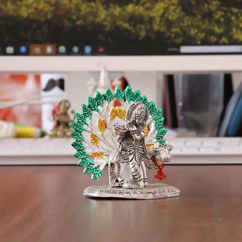 Image of KridayKraft Elegant Cowkrishna Murti - Divine Lord Krishna Idol for Home & Office Decor, Intricately Designed Pooja Statue & Spiritual Showpiece for Living Room, Bedroom, Temple (Silver)