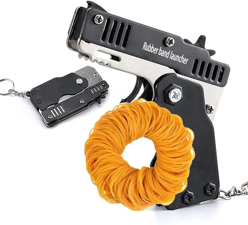 QKUDNGHY Kids Toys Cool Keychain Rubber Band Launcher Toy Mini Metal Folding Rubber Launcher Toy Elastic Rubber Bands for Game Outdoor Activities (Black)