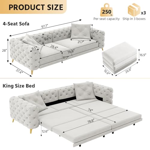 Image of KEIKI 97.7 inch Convertible Sleeper Sofa Bed, 3 in 1 Pull Out Sofa Bed, 4-Seater Button Tufted Couch with Movable Ottoman for Living Room, Bedroom, Apartment, Light Grey