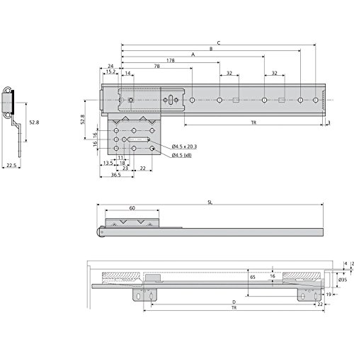 ACCURIDE 1319 Beschlägegrt., Länge 550 mm, Stahl hell chromatiert