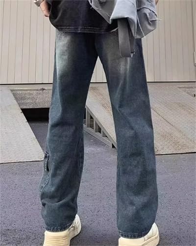 Men's Loose Fit Motorcycle Multi-Pockets Workwear Denim Cargo Jeans Baggy Straight Fit Wide Leg Pants3