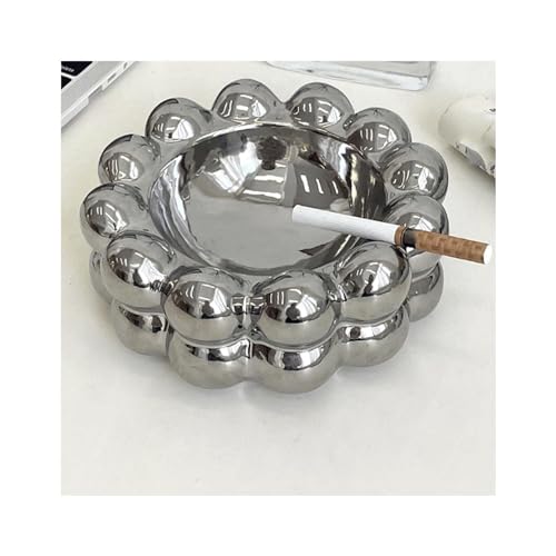 WOTZOV Cenicero Cenicero esférico de cerámica para Evitar Cenizas Volantes Cenicero Decorativo Lindo para Exteriores 15 x 6,5 cm / 5,9 x 2,6 Pulgadas，Silver One Size
