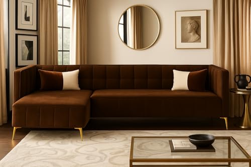 Image of SOCOZI Stylluxe 6 Seater LHS L Shape Sofa Set | Soft Velvet Suede Fabric | Modern Design | Plush Comfort Cushions for Living Room (Brown)