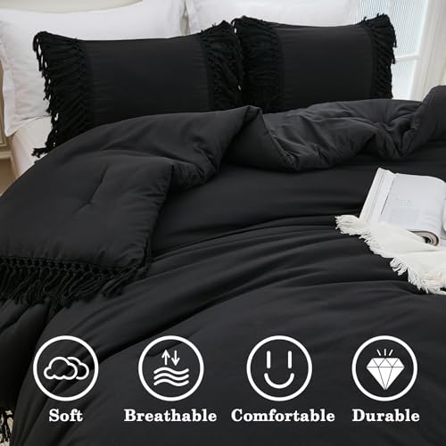 Image of Andency Black Full Size Comforter Set, 3 Pieces Boho Tassel Lightweight Soft Bedding Comforter Sets, All Season Fluffy Fringe Bed Set (79x90In Comforter & 2 Pillowcases)