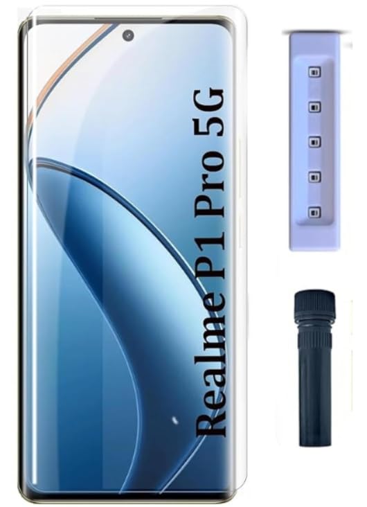 Image of {PACK OF 1) Premium Original UV Curved Full Screen Protector Tempered Glass For Realme P1 Pro With 3D Curved Full Screen Coverage And Installation Kit and Easy Installation Kit