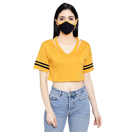 Image of LE BOURGEOIS Women Solid Loose Fit Desiger V-Neck Short Sleeve Dance Party Casul Crop Top
