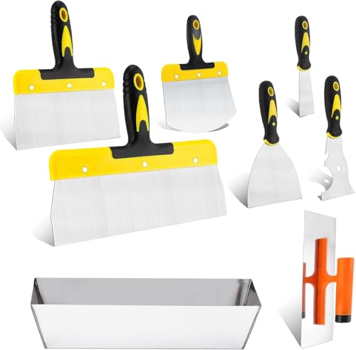 SOVYOULIVE Wallpaper Scraper Set, 8 Pieces Stainless Steel Drywall Hand Tool Kit Includes Taping Knives, Putty Knives, Finishing Trowel, Mud Scoop and 12" Mud Pan with Ergonomic Handles