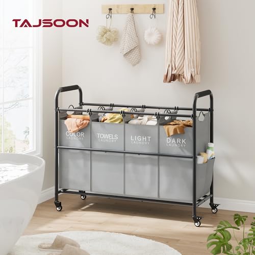Tajsoon 4 Bag Laundry Sorter Cart, 4 Section Laundry Hamper Sorter with Heavy Duty Lockable Rolling Wheels, Laundry Separator Hamper with Removable Bags for Dirty Clothes Storage, Grey by Tajsoon - Image 2