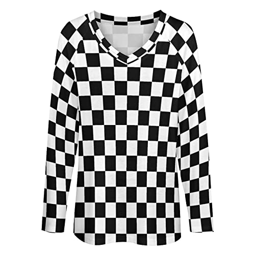SEPTYK Black White Race Checkered Flag Pattern Women Long Sleeve Tops V-Neck T-Shirt Casual Loose Graphic Pullover Tee2