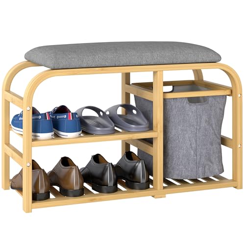 HOMCOM - Banco de zapatos de bambú para zapatos con cojín de asiento, 2 estantes para listones y cesta de tela deslizante, banco de entrada para pasillo, dormitorio, 70 x 30 x 45 cm, madera natural