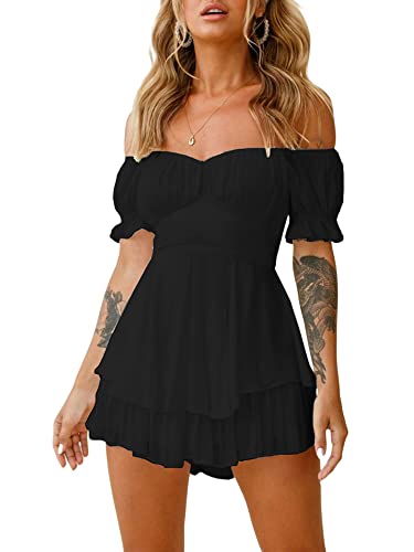 Image of Women Puff Sleeve Square Neck Romper Dress Off Shoulder Ruffle Shorts Smocked Layered Flowy Jumpsuit Beach Swing Dress (A-Black, S)