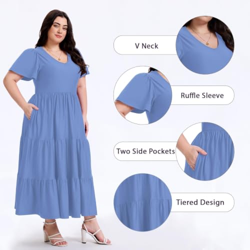 Image of Women's Plus Size Summer Dresses Floral Casual Tiered Midi Dresses V-Neck Short Sleeve Long Maxi Dress with Pockets