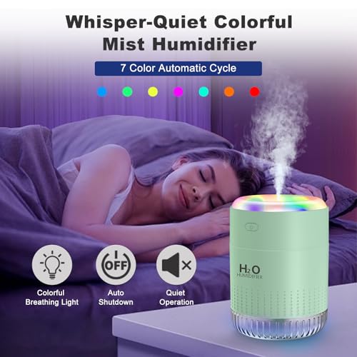 Image of Rechargeable Mini Cool Mist Humidifier With 7 Color Light, Small Personal Desktop for Baby Bedroom, Office, Nursery, Travel With Auto Shut-Off, Super Quiet (Green)