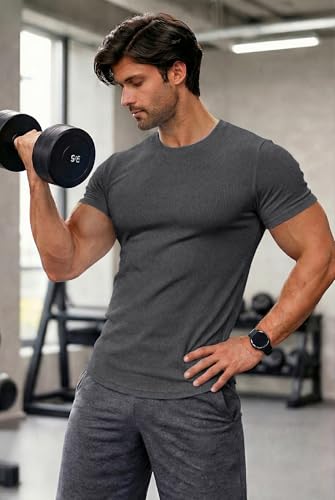 Image of JMIERR Mens Short Sleeve T Shirt Summer Muscle Slim Fitted Crewneck Longline Tees Shirts for Gym Workout