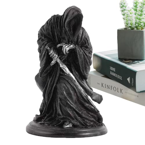 Túnica negra estatua de Santa Muerte, figura gótica con guadaña,