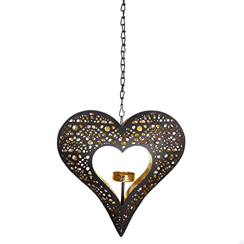 Image of Tea Light Holder Candle Lantern Hanging Heart Tealight Holder Outdoor Garden Alfresco Décor (Black & Gold)