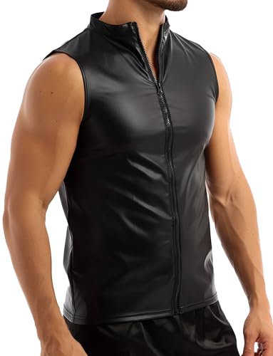 Image of AIEOE Men's Leather Metallic Shirts Shiny Slim Fit Stretch Top Wetlook Club Party Undershirts