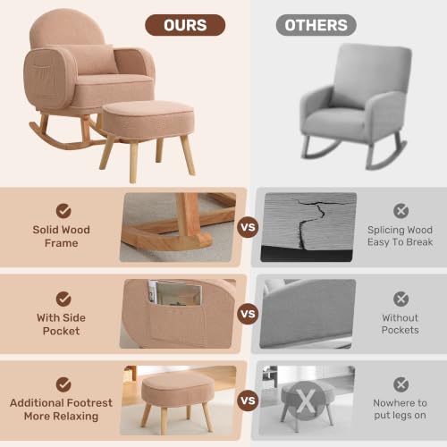 Image of HCHAIRH Rocking Nursing Chair with Ottoman, Upholstered Glider Rocker Armchair with Side Pocket and High Backrest, Comfy Reading Chair with Solid Wood Legs for Nursery, Living Room,Bedroom, Coffee