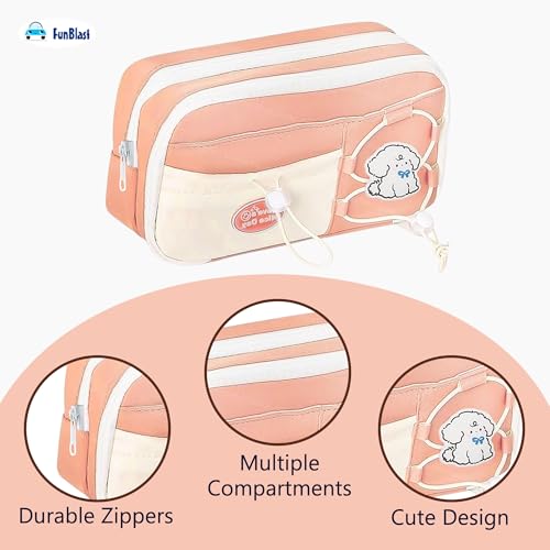 Image of FunBlast Pencil Pouch for Girls - Aesthetic Multi-Compartment Zipper Pouch with Drawstring Pocket, Cute Kawaii Pencil Case, Stylish Stationery Pouch, Return Gift for Kids & School Use (Pink)