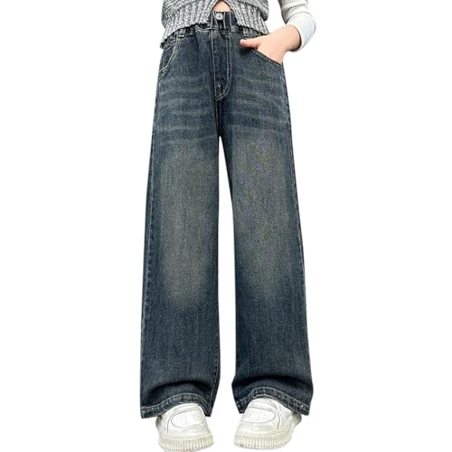 High Waist Girls Denim Pants Wide Leg Casual Jeans with Elastic Band and Pockets for Kids 6 to 14 Years Old